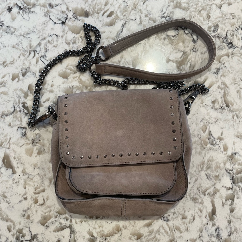 Rebecca Minkoff light gray suede crossbody with studs